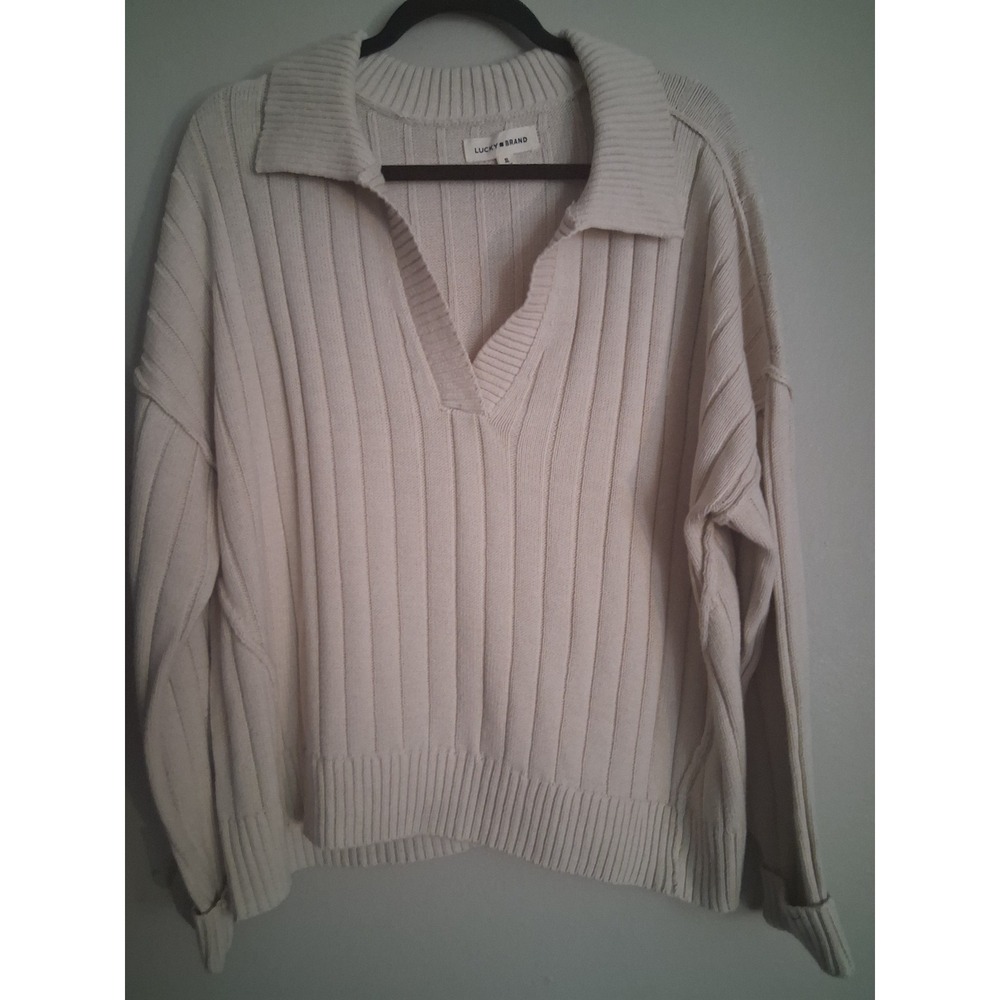 Lucky Brand Womens Ribbed V-Neck Polo Sweater Cream Ivory Oversized XL